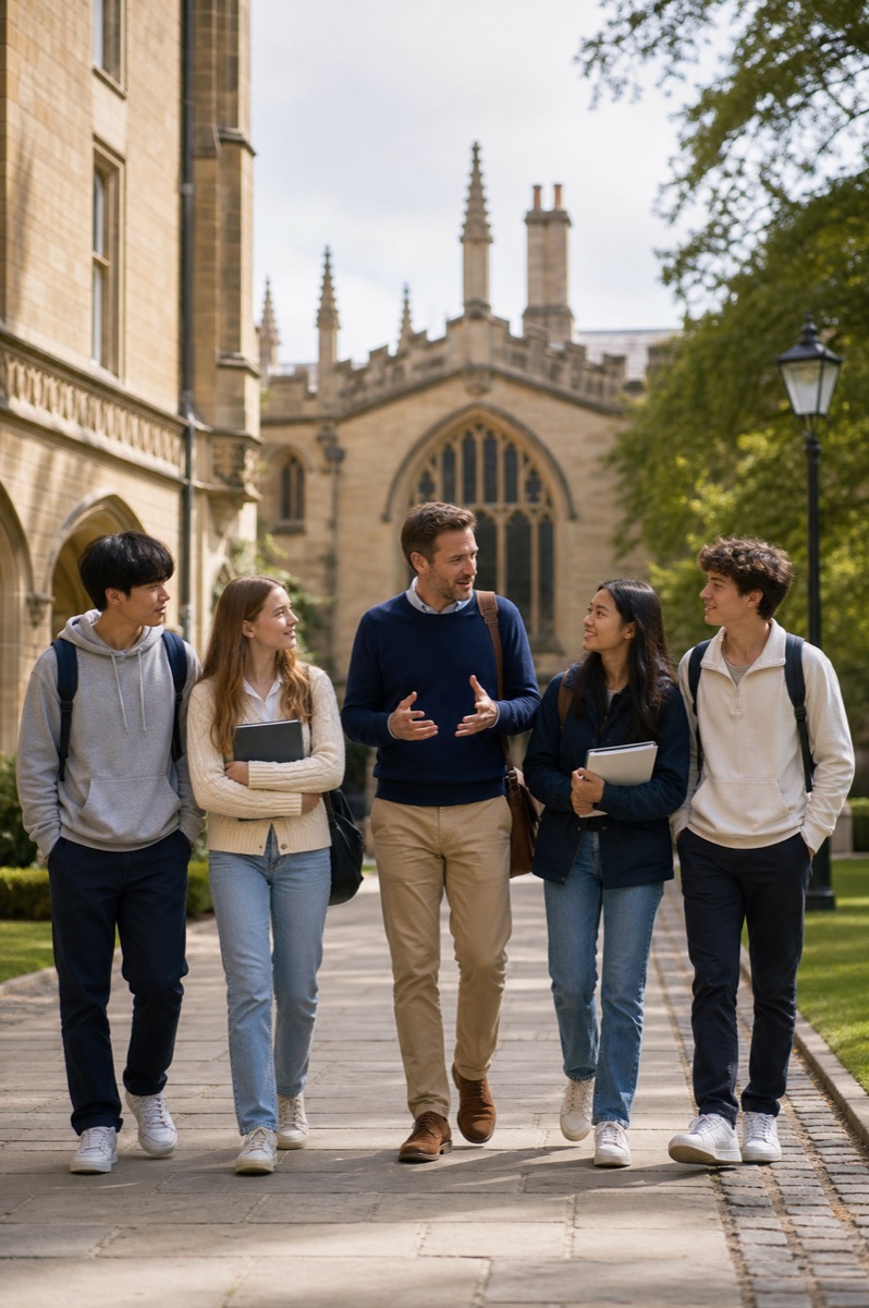UniBridge mentor walking with students on a UK university campus